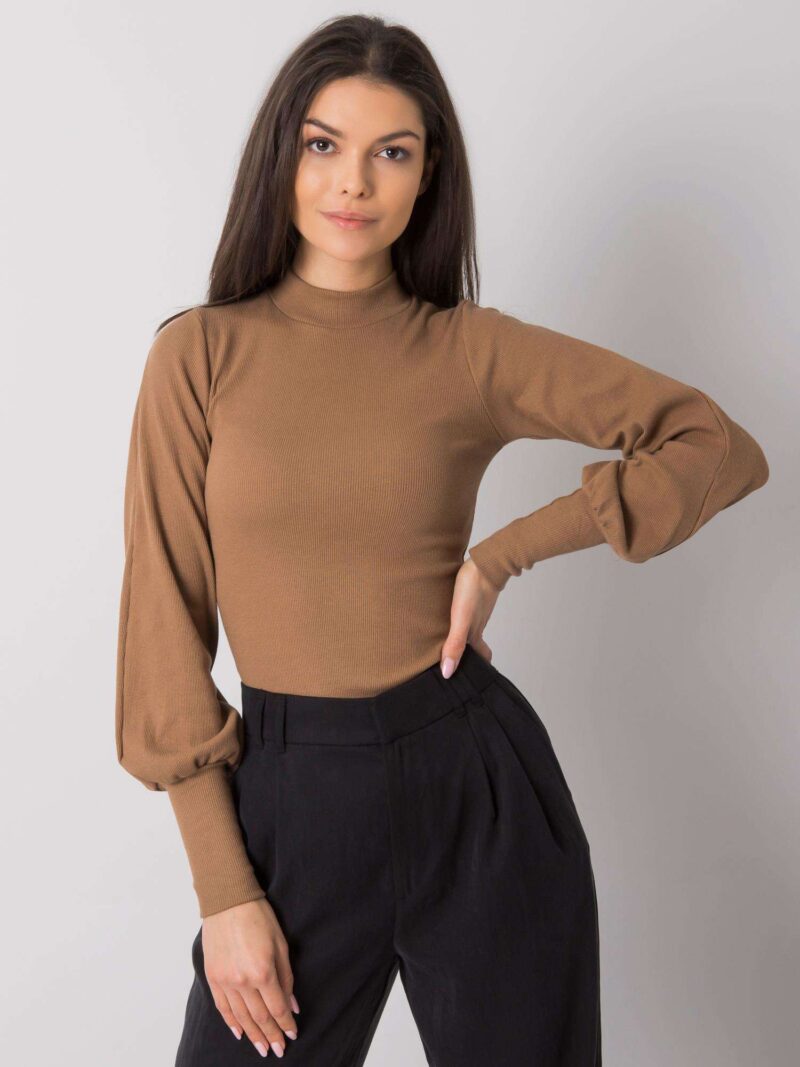 Beżowa elegancka bluzka z bufiastymi rękawami - obrazek 2