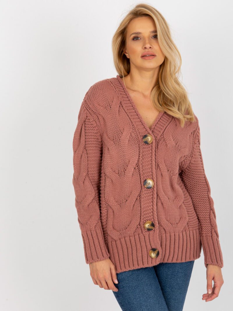 Różowy sweter rozpinany damski z guzikami - obrazek 3