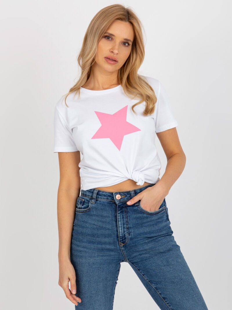 Biały t-shirt damski z różowym nadrukiem