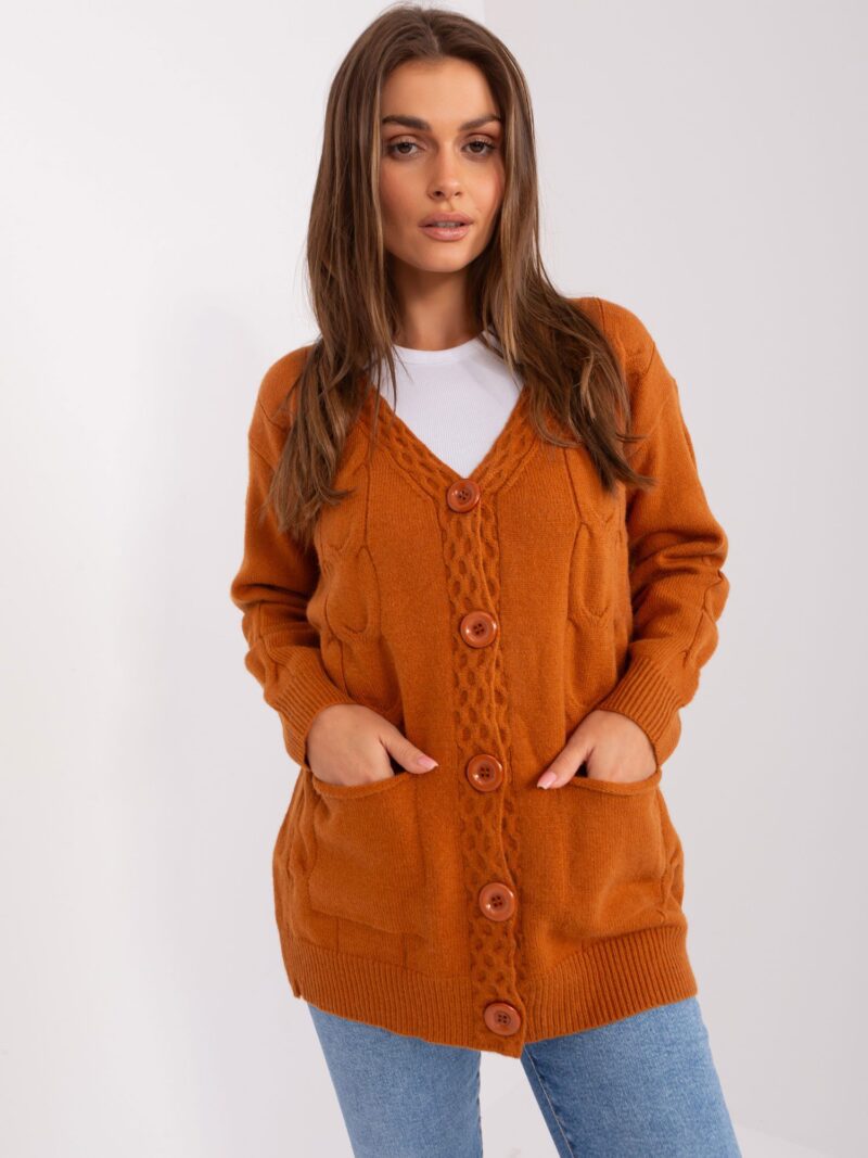 Brązowy sweter damski zapinany na guziki z dekoltem V - obrazek 2